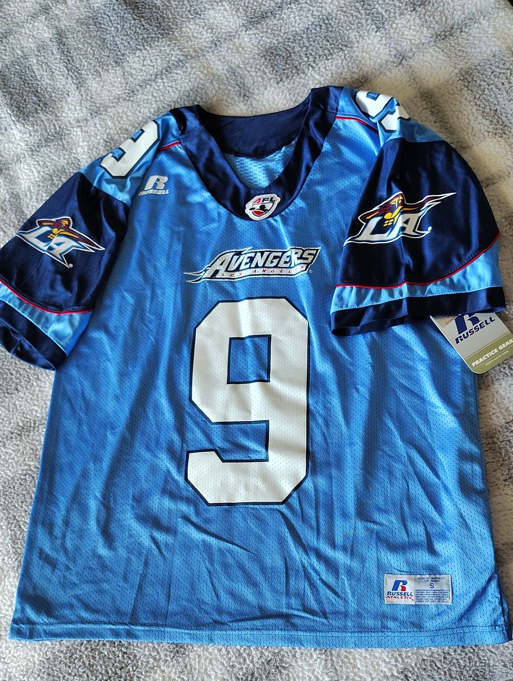 AFL LA Avengers #9 Russell Athletic Light Blue & Navy Football Jersey